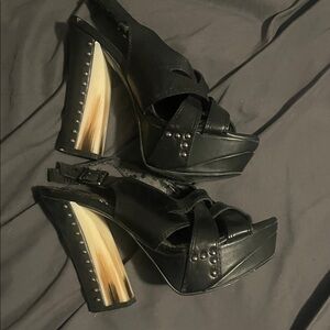 Gianni Bini Black Platform Slingback Heels with Marbled Tan-Cream Block Heel